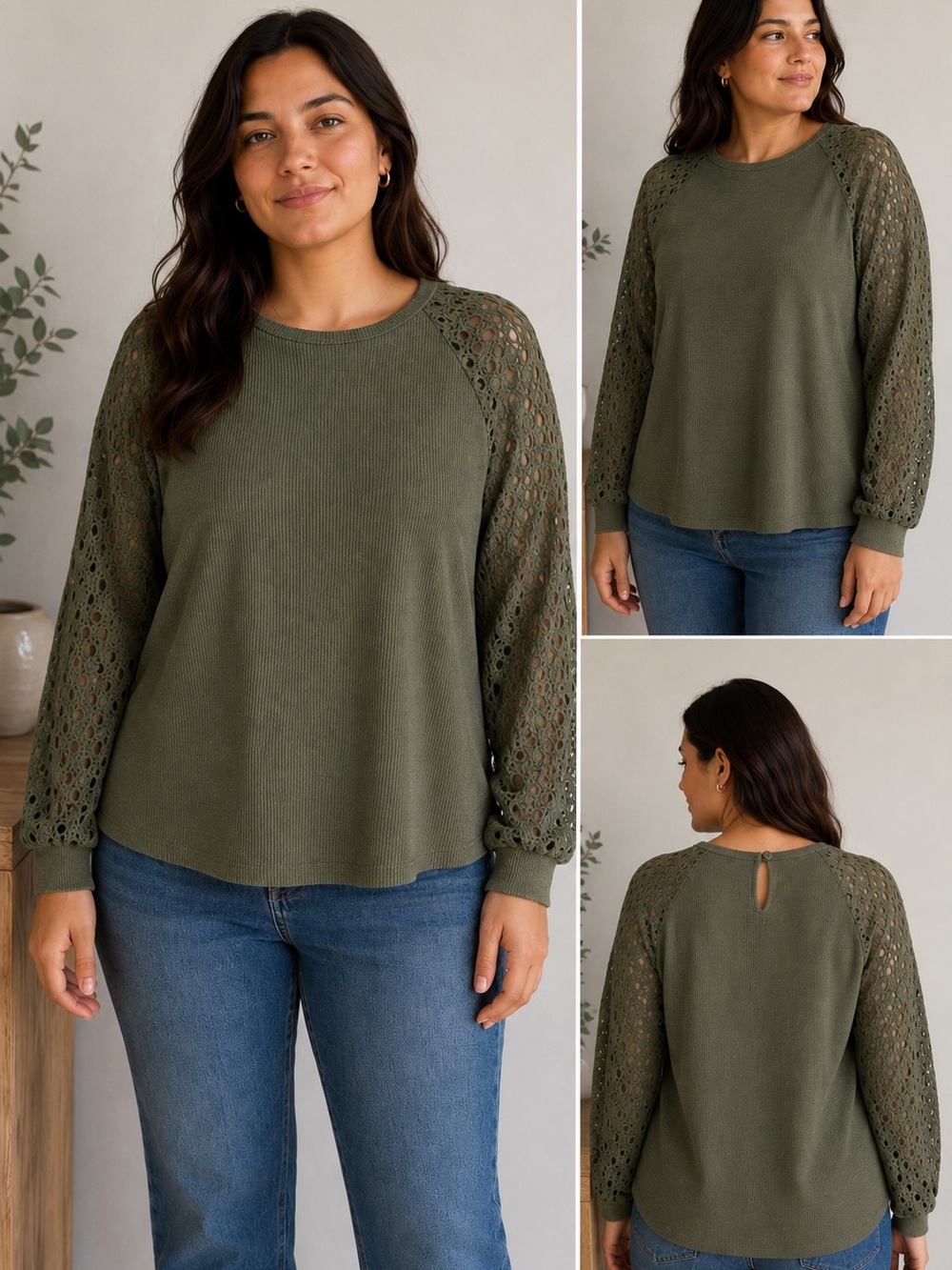 MIHOLL Women’s Olive Green Lace Sleeve Knit Top Size Large Boho Casual Blouse
